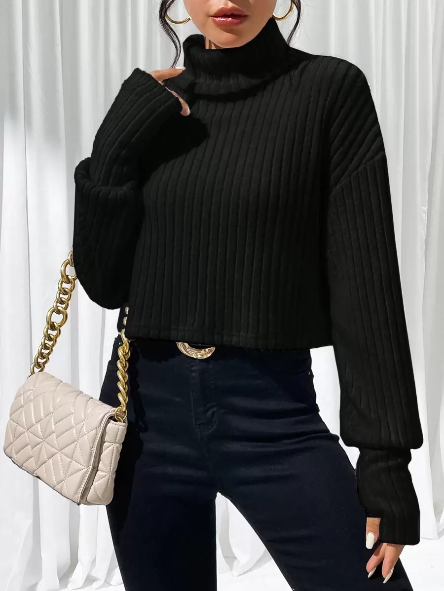 SHEIN Essnce Ladies' Solid Color High Neck Drop Shoulder T-shirt - Black - View 1