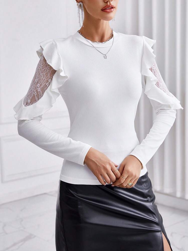 Slim Fit Women's T-shirt With Lace Patchwork On Sleeves And Round Neck Design
