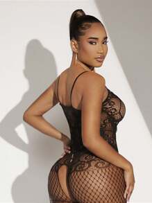 Classic Sexy Fishnet Contrast Lace Bow Front Crotchless Body Stocking Lingerie - Black - View 2