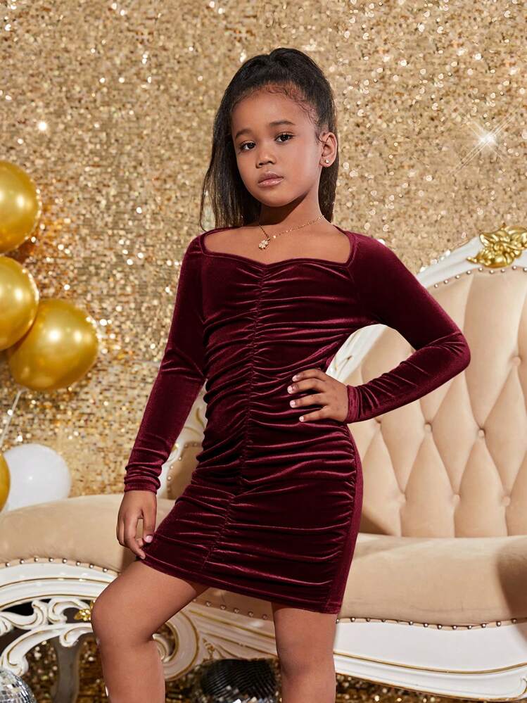 girls velvet dress Burgundy Flower Girl Dress, Floral Embroidered Tulle, Ruffle Sleeve family gatherings SHEIN Party-Ready Fitted Velvet Long