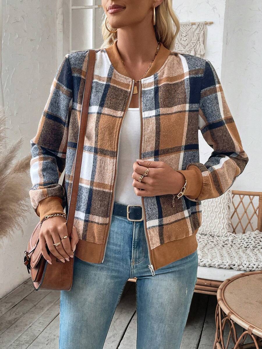 SHEIN LUNE In kẻ sọc Dây kéo Áo khoác - Nhiều màu - Xem 1