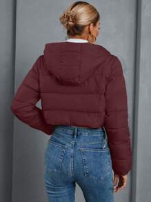 SHEIN EZwear Áo khoác đệm dày tay dài có khóa kéo phía trước màu trơn cho nữ, quần áo mùa đông - Màu Đỏ Sâu - Xem 2