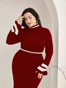 Modelyn Kích thước lớn Sọc Đầm Áo len Với chuông Và Cắt tỉa , Thắt lưng Không bao gồm - Đỏ - Xem 4