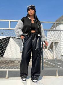 SHEIN EZwear Hơn Thư được vá Sọc trang trí Thả vai Áo khoác - màu đen - Xem 5