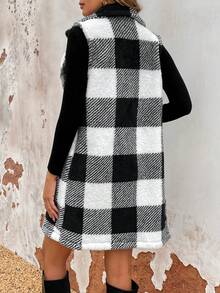 SHEIN Frenchy In kẻ sọc Buffalo Cổ bẻ Teddy Áo vest - Đen và trắng - Xem 2