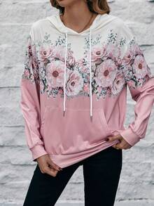 SHEIN LUNE Của phụ nữ Hoa In Áo nỉ có mũ Với dây rút - Hồng - Xem 6