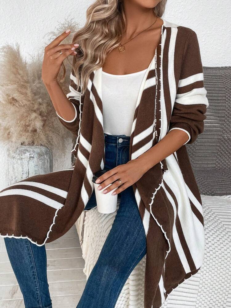 Striped Pattern Waterfall Collar Cardigan