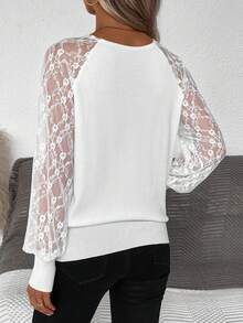 SHEIN Frenchy Ren tương phản Tay Raglan Áo len - trắng - Xem 2