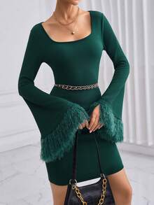 SHEIN Privé 方领毛绒袖口紧身连衣裙（无腰带） - 墨綠色 - 查看 2