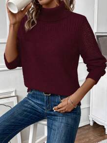 SHEIN LUNE Turtleneck Pointelle Knit Sweater - Burgundy - View 1