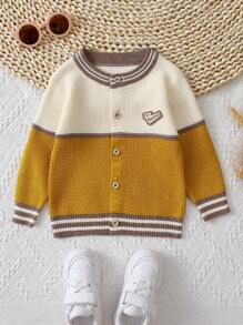 Bebé niño Cárdigan con parche de letra ribete de rayas - Amarillo - Ver 1