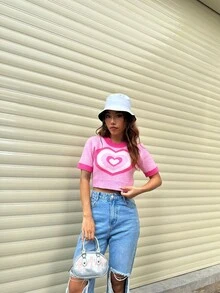 SHEIN Qutie Heart Pattern Crop Knit Top - Pink - View 3
