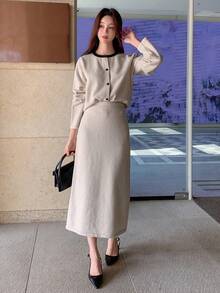 Dazy Star Contrast Trim Cardigan & Knit Skirt - Light Grey - View 6