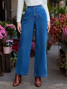 SHEIN Frenchy 女款高腰闊腿牛仔長褲,搭配裝飾扣環和鬆緊後腰帶 - 中等水洗藍 - 查看 3