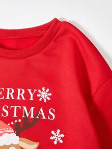 Christmas Reindeer Print Drop Shoulder Pullover - Red - View 5