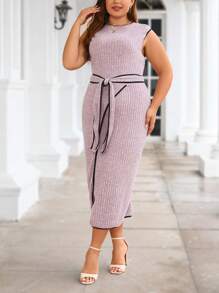 SHEIN Privé 大碼撞色滾邊繫腰帶洋裝 - 淡紫色 - 查看 5