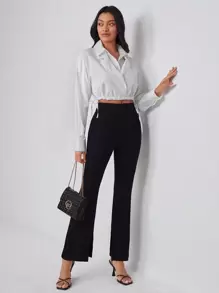 Amanda Daum Caballero Designer Business Casual Solid Drawstring Hem Double Collar Crop Shirt, For Holiday, Vacation, Spring, Beach, Festival, Ibiza Fits, Office - White - View 3