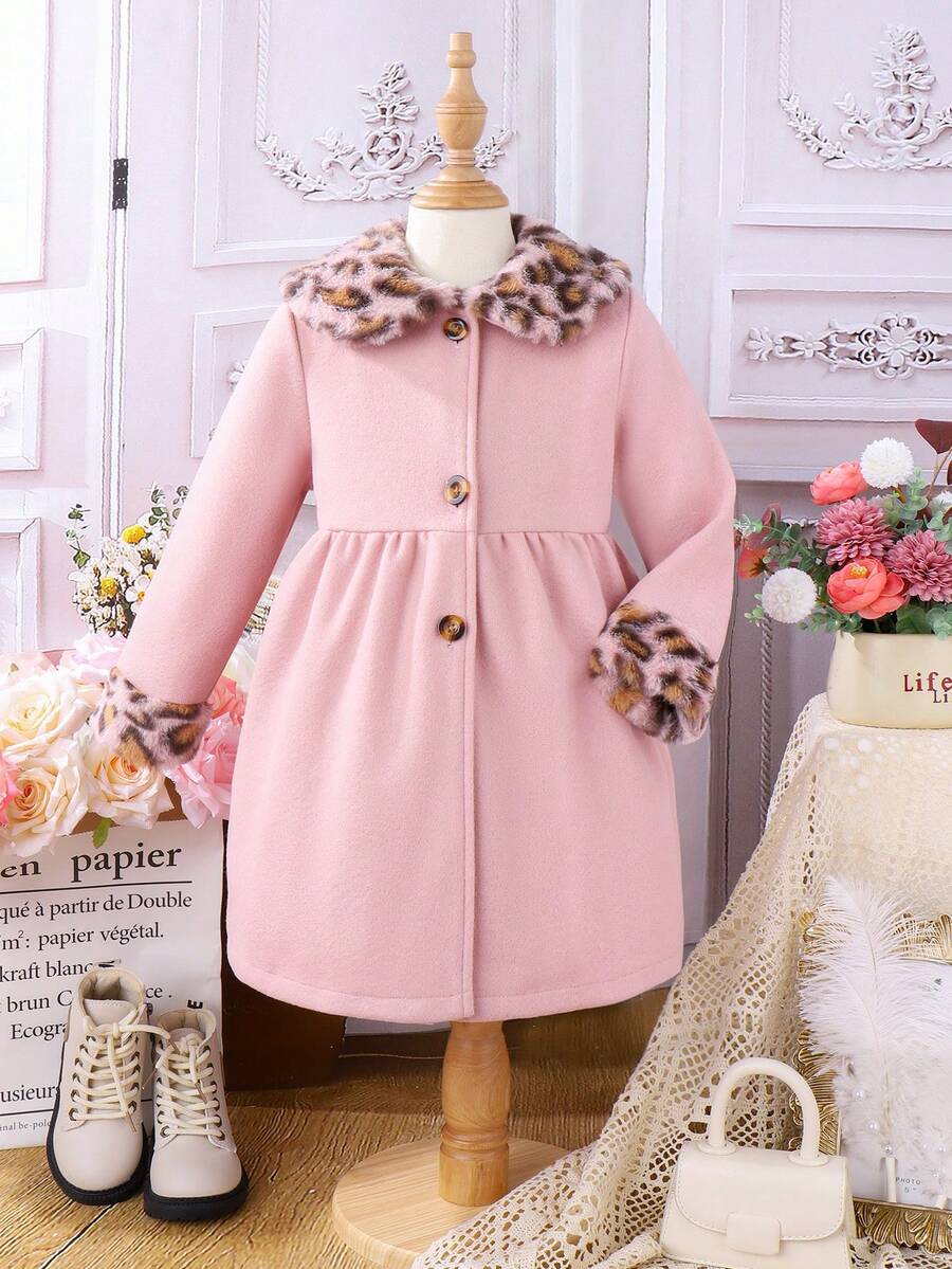 SHEIN Vải dệt kim ve áo nhung họa tiết da báo cho bé gái - Hồng - Xem 1