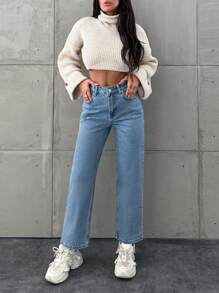 SHEIN Cottnline Women's Straight Leg Jeans - Medium Wash - View 6
