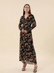 SHEIN Privé 花卉印花雪紡V領長袖女裝連衣裙 - 彩色 - 查看 4