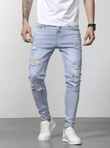 Manfinity Homme Hombres Jeans ajustados desgarro algodón - Lavado ligero - Ver 4