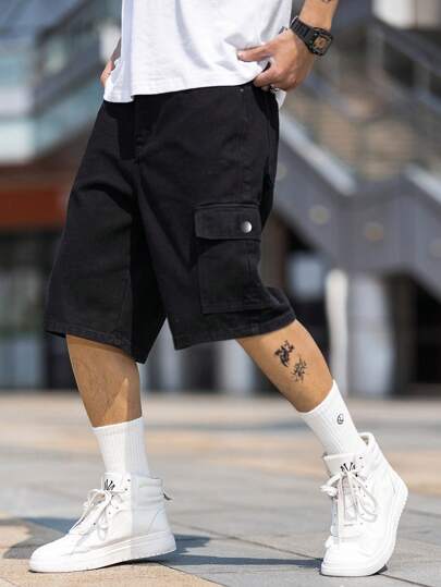 Manfinity EZcore شورتات جينز قطنية رجالية للخروج بجيب خارجي، قصيرة عادية، سوداء، مناسبة كهدية للزوج أو الحبيب