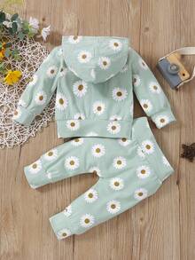 2pcs Baby Girls' Cute Flower Printed Kangaroo Pocket Hoodie And Pants Set, Soft & Comfortable, Casual - Multicolor - View 2