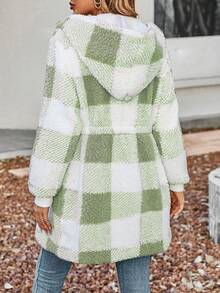 SHEIN Essnce Của phụ nữ Kiểm tra Dây kéo áo có mũ Thường xuyên Áo khoác - Màu xanh Bạc hà - Xem 2