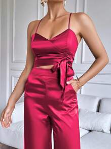 SHEIN BIZwear Top De Camiseta Sólido Y Pantalones De Pierna Ancha - Rosa Fucsia - Ver 4