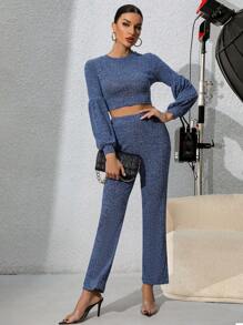 Chiquease 燈籠袖短款上衣&喇叭褲 - 藍色 - 查看 4