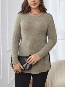 SHEIN Essnce Của phụ nữ Kích thước lớn Bên Khe Tay áo dài Áo thun - Màu Khaki - Xem 4