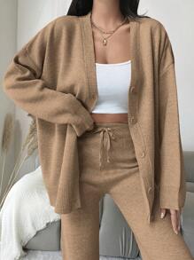 EURMUSE Women's Solid Color Button-down Cardigan And Knitted Straight-leg Pants Sweater Two-piece Set - Brown - View 3