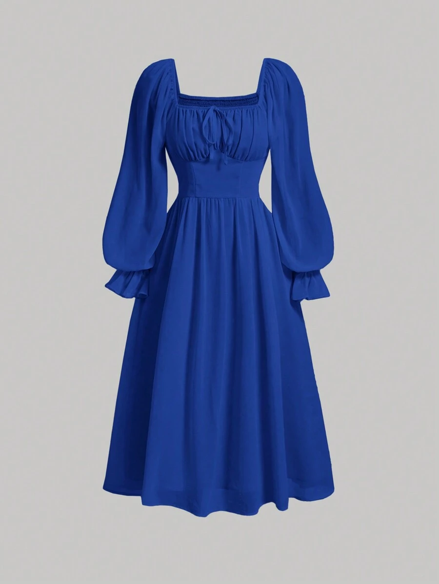 SHEIN MOD Square Neck Flare Sleeve Ruched Bust Dress - Royal Blue - View 1