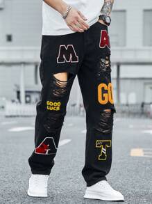 Manfinity Roghcode Jeans Con Letras Estampadas Desgastadas Para Hombre - Negro - Ver 1