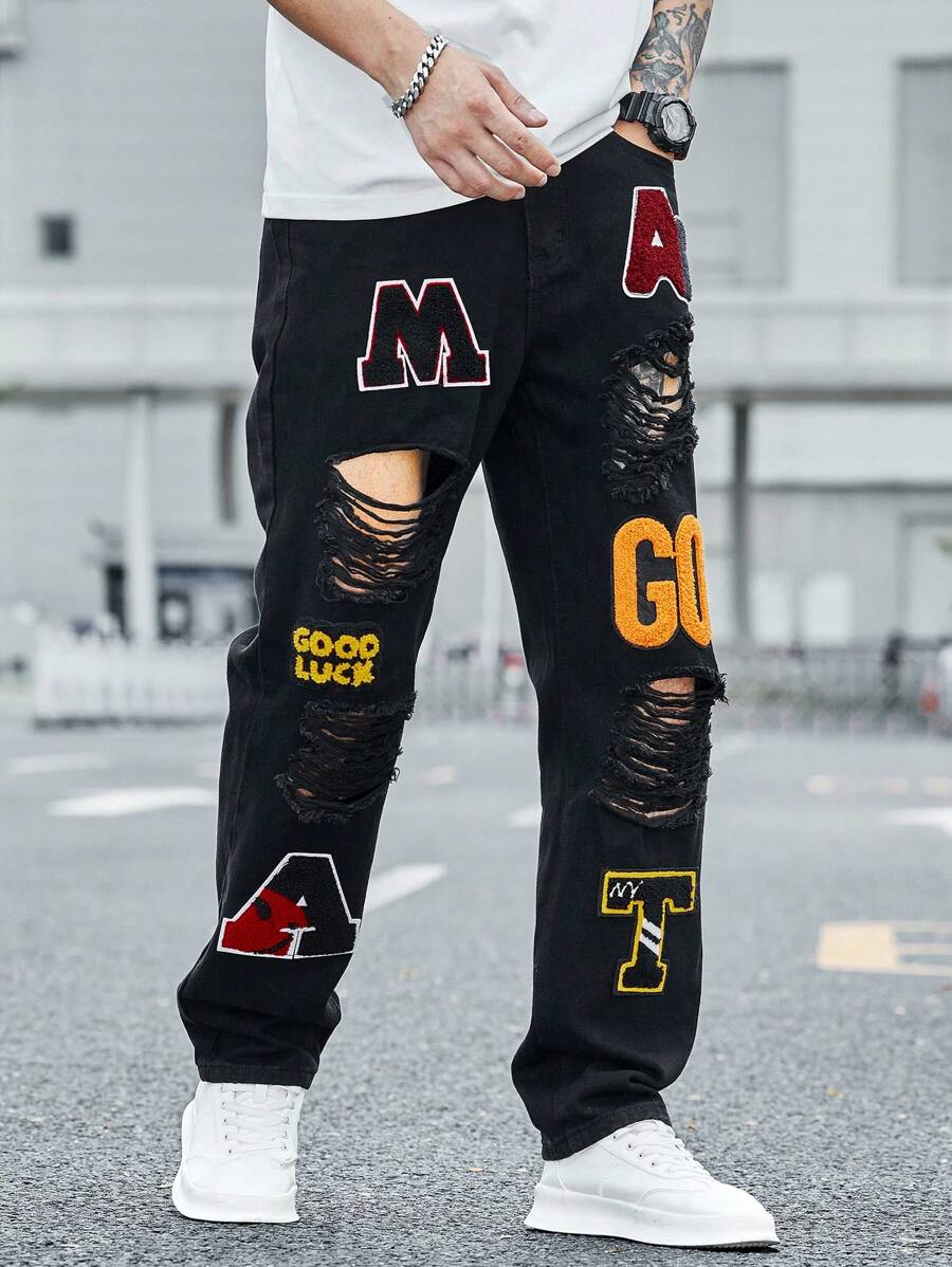 Manfinity Roghcode Jeans Con Letras Estampadas Desgastadas Para Hombre - Negro - Ver 1