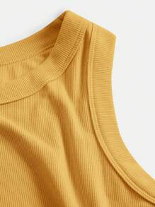 SHEIN BASICS Camiseta sin mangas casual de color liso con cuello redondo y textura acanalada para mujer, verano - Mostaza Amarilla - Ver 9