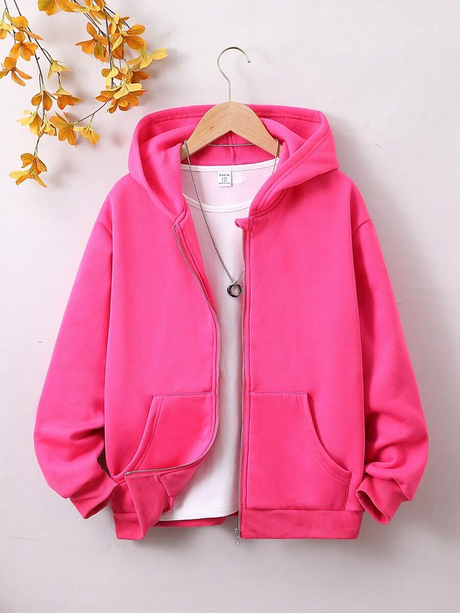 Thiếu niên Cô gái Cơ bản Giản dị Màu thuần áo có mũ Khóa kéo-lên Áo nỉ - Màu Hồng Tươi - Xem 1