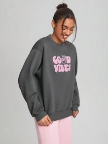 JoyandElle Letter Graphic Round Neck Drop Shoulder Sweatshirt - Dark Grey - View 5