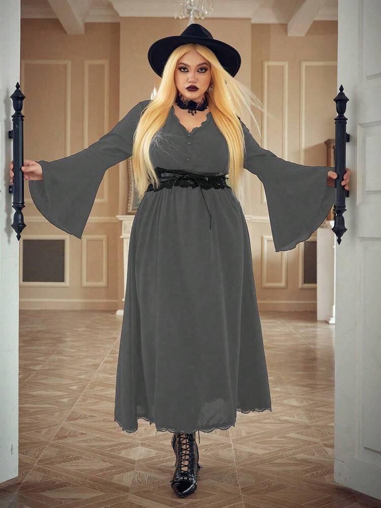 Plus Size V-neck Bell Sleeve Dress With Gathered Waist Design