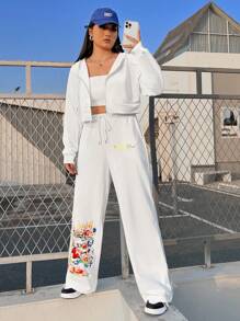 SHEIN EZwear Plus Floral & Tiger Zip Up Hoodie & Sweatpants - White - View 5