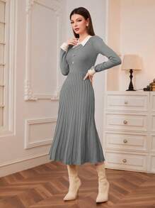 Modelyn Knit Button Decorated Ribbed Collar Long Sleeve Sweater Dress - Grey - View 5