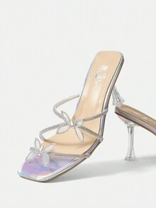 CUCCOO SZL Sandalias De Tacón Estilo Mulé Con Decoración De Mariposa Y Pedrería - Plateado - Ver 6