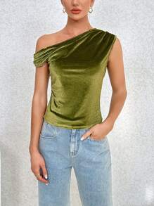 SHEIN Privé Women's Asymmetrical Collar & Pleated Detail Top - Green - View 1