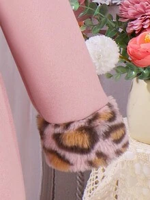 SHEIN Vải dệt kim ve áo nhung họa tiết da báo cho bé gái - Hồng - Xem 6