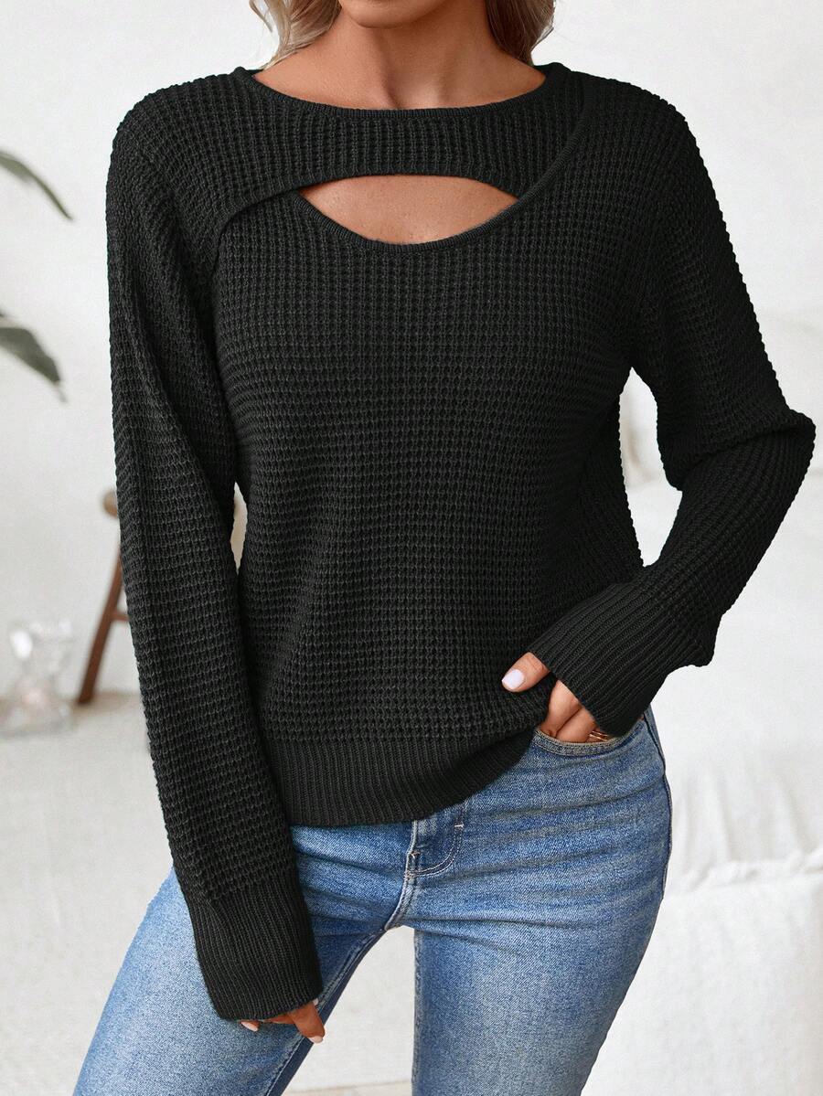 休闲百搭纯色镂空针织毛衣，适合春秋季穿着 - 黑色 - 查看 1