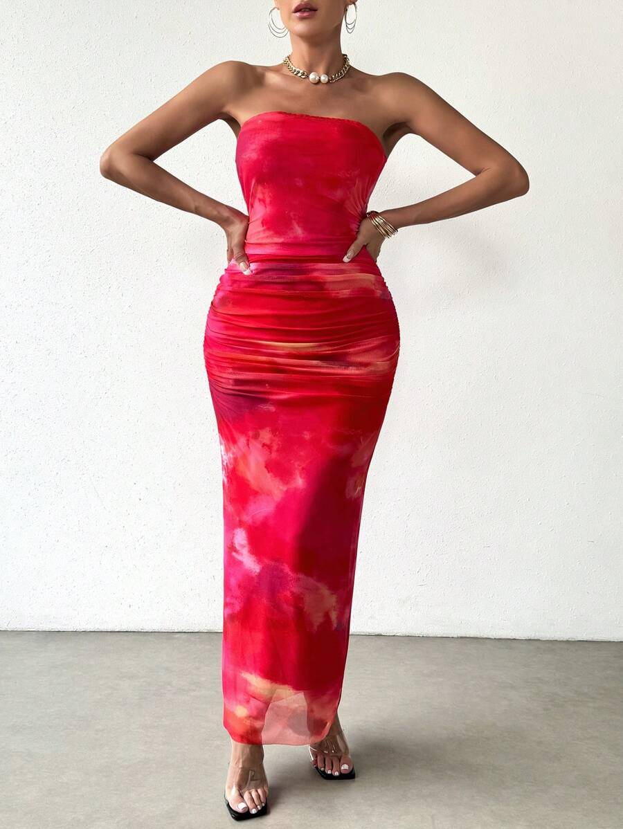 SHEIN Privé 百褶抹胸網紗洋裝 - 粉色 - 查看 1