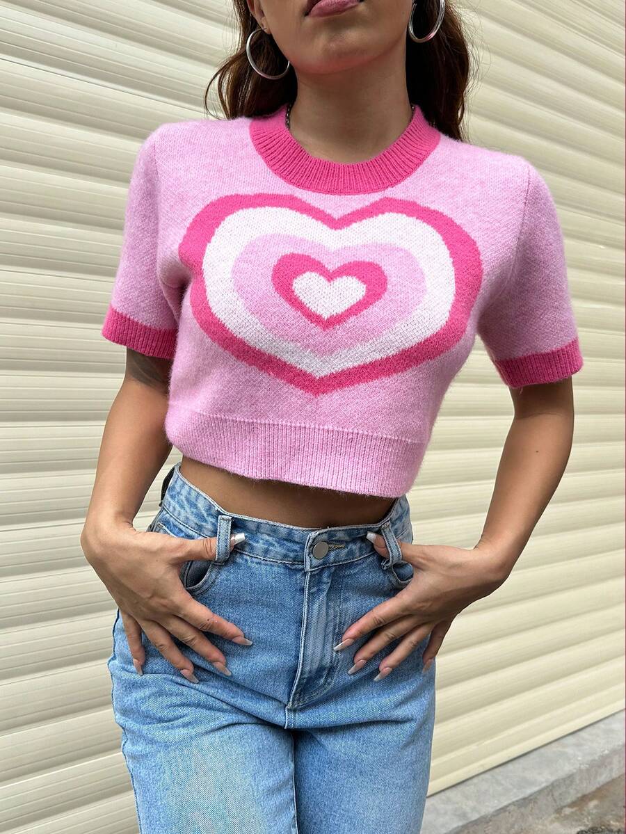 SHEIN Qutie Heart Pattern Crop Knit Top - Pink - View 1