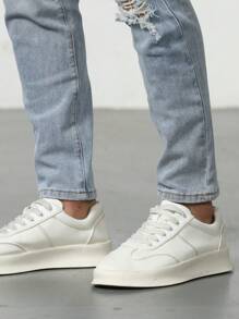 Manfinity Homme 男士棉質斜口口袋破洞牛仔褲，修身長褶邊牛仔褲，無褶藍色工作基礎款丈夫 - 淺色水洗藍 - 查看 6