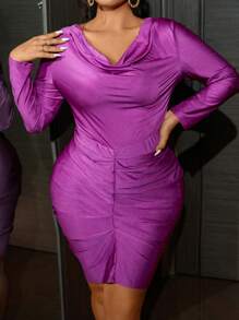 Cravure Vestido Bodycon De Talla Grande Con Cuello Drapeado Y Escote Con Pliegues - Morado - Ver 5