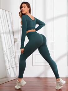 Yoga Basic 女式短上衣和緊身褲運動套裝 - 墨綠色 - 查看 1